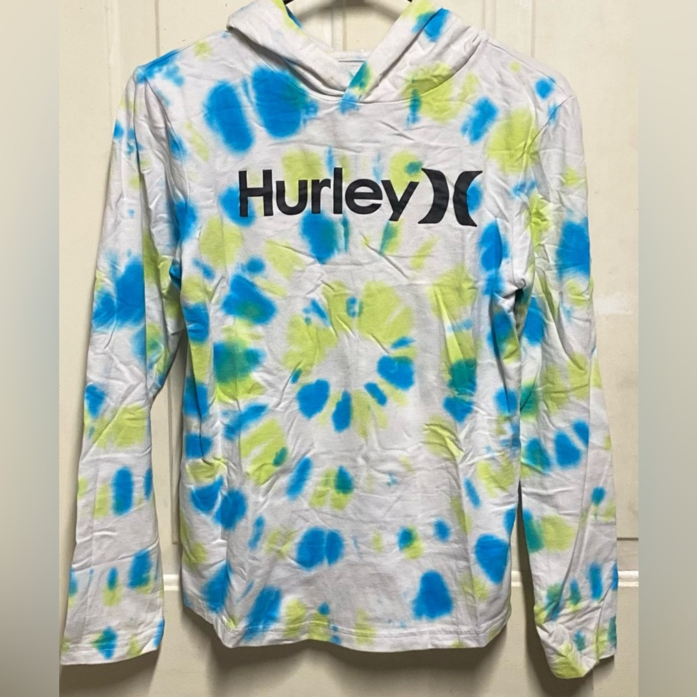 Hurley Tie Dye Hooded Long Sleeve Shirt White Blue Green Logo Size Youth Large